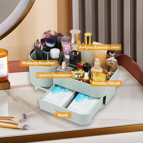 Makeup Organizer Countertop with Drawer 360 Rotating Brush Holder Storage Large Capacity Skincare Cosmetic Display Cases for Vanity Bathroom Desktop, Model 3016 Green