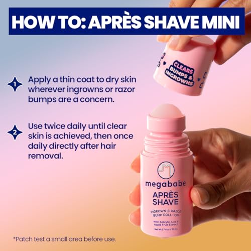 Megababe Mini Apr?s Shave (1.7 fl oz) | Travel size post-Shave & Waxing | Ingrown Hair & Razor Bump Roll-On Treatment for Women | Bikini, Armpits & Legs