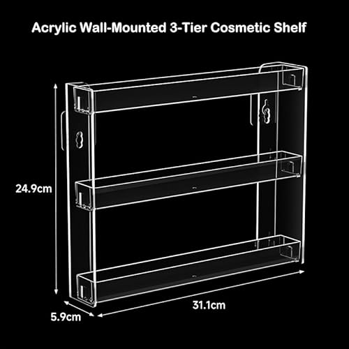 3 Layers Makeup Organizer Wall Mounted, Acrylic Invisible Floating Shelves with Anti-Slip Adhesive Backing, Sunglasses Display Rack, Nail Polish Storage, Clear (2 Pack)