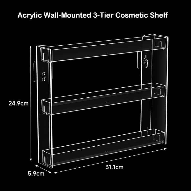 YIEZI 3 Layers Makeup Organizer Wall Mounted, Acrylic Invisible Floating Shelves with Anti-Slip Adhesive Backing, Sunglasses Display Rack, Nail Polish Storage, Clear (2 Pack)