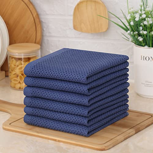 Kitinjoy 100% Cotton Kitchen Dish Cloths, 6 Pack Waffle Weave Ultra Soft Absorbent Dish Towels for Drying Dishes Quick Drying Kitchen Towels Dish Rags, 12 X 12 Inches, Navy Blue