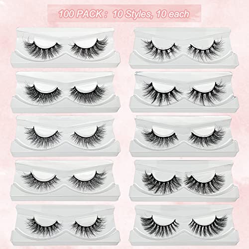 Fluffy Lashes 18mm False Eyelashes 100 Pairs 10 Styles Mixed Natural 9D Faux Mink Lashes Bulk Soft Reusable Fake Eyelashes Wholesale Lash with Glitter Portable Boxes