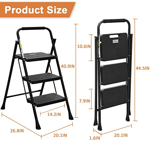 HBTower 3 Step Ladder, Folding Step Stool with Wide Anti-Slip Pedal, 500lbs Sturdy Steel Ladder, Convenient Handgrip, Lightweight, Portable Steel Step Stool, Black