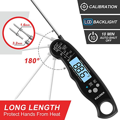 KULUNER TP-01 Waterproof Digital Instant Read Meat Thermometer with 4.6 Folding Probe Backlight Calibration Function for Cooking Food Candy, BBQ Grill, Liquids,Beef（Red）