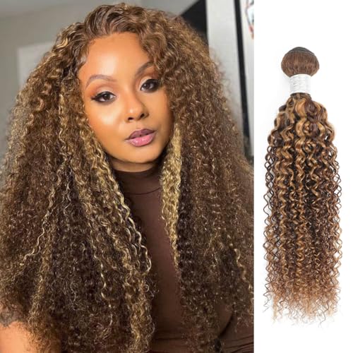 Honey Blonde Highlight Tight Kinky Curly Human Hair Single Bundles, 12A Brazilian Curly Weave Bundles Human Hair 100% Virgin Remy Bundle Ombre #P4/27 Colored Kinky Curly Thick Tracks Sew in 16In
