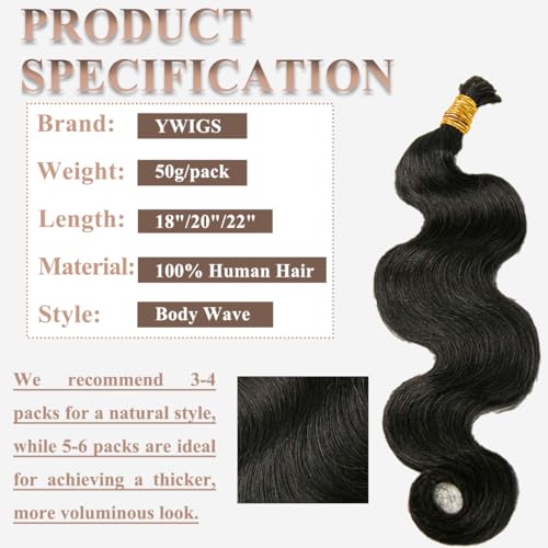 Y WIGS 18-Inch Body Wave Human Braiding Hair - 50G Bulk for Boho Styles