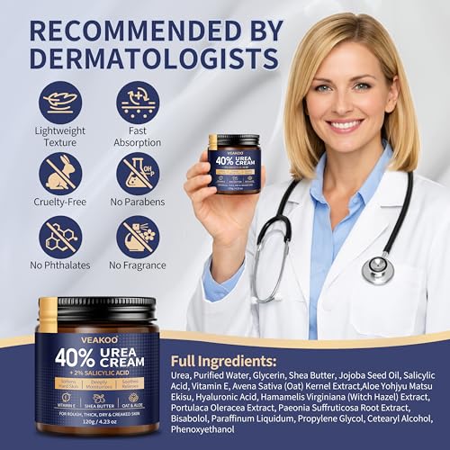 Veakoo 40% Urea Foot Cream with 2% Salicylic Acid for Dry Cracked Heels