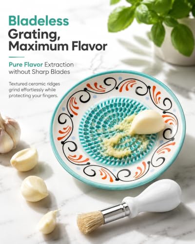 Ceramic Garlic Grater Plate with Peeler & Brush