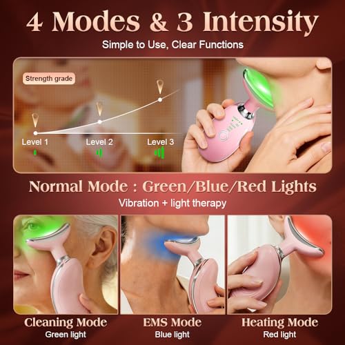 Pink Face and Neck Massager with Smart Vibration, Red Light & EMS Modes - Mdewirt