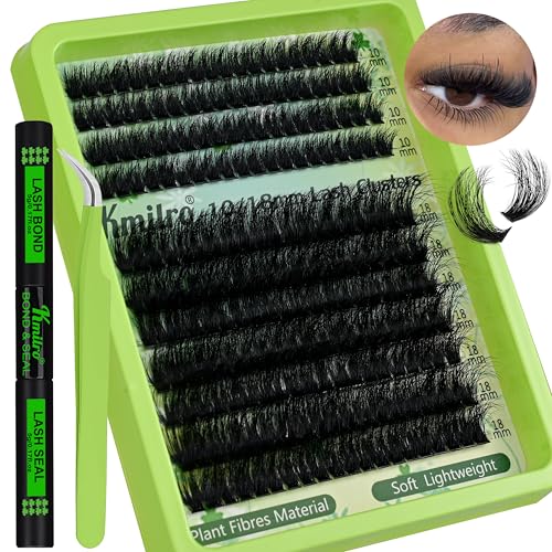 Kmilro Fluffy Lash Clusters Kit 10+18mm Thick Cluster Eyelash Extensions Kit 180D D Curl Volume DIY Lash Extension 220pcs Thin Band Soft Wispy Individual Lashes Kit with Bond and Seal Lash Tweezers