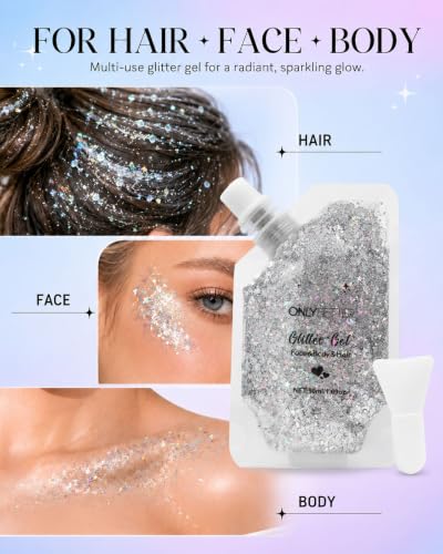 Silver Holographic Body Glitter Gel - Waterproof, 2 Pack
