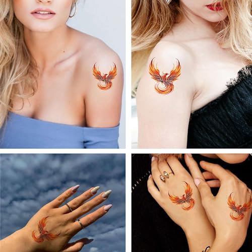 6 Sheets Temporary Fake Tattoos for Men Adults Flying Phoenix Fire Bird Abstract Rising Wing Temporary Fake Tattoo for Women Neck Arm Chest for Woman