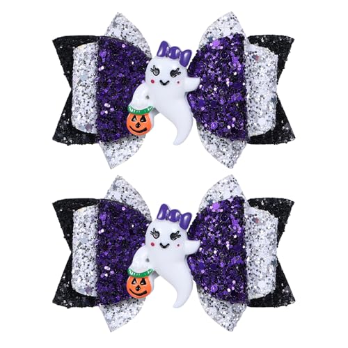 Halloween Ghost Hair Bow Clips Girls Cute Glitter Hair Clips 3 Layers Sparkly Hair Accessories for Halloween Party, Black & White & Purple