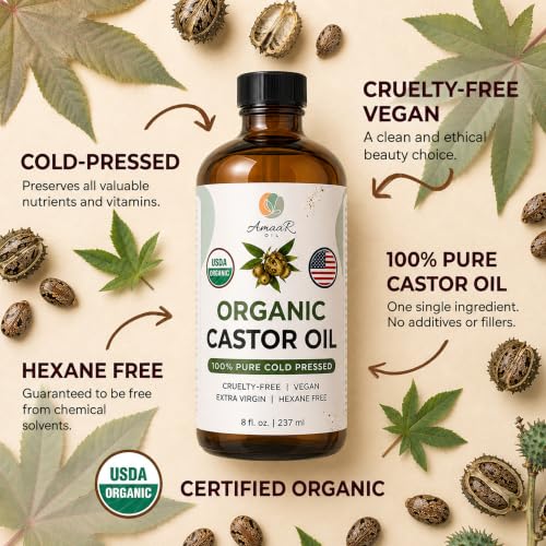 Organic Castor Oil 8 oz Cold Pressed Hexane Free for Hair Skin Lashes AMAAR