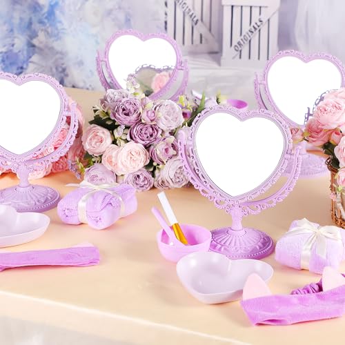 8 Set Spa Party Supplies 8 Heart Shaped Mirrors 8 Silicone Face Mask Brushes 8 Face Mask Mixing Bowl 8 Headband 8 Spa Facial Towel 8 Heart Dish Bowls for Sleepover Slumber Party (Purple)