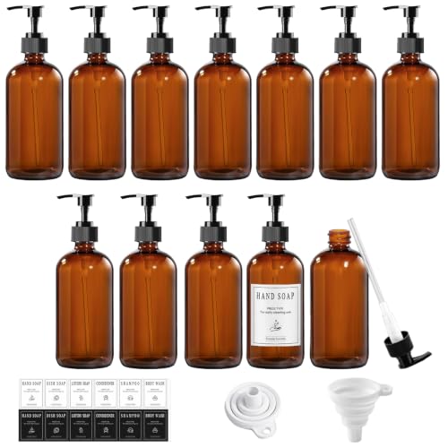 8oz Amber Glass Pump Bottles 12-Pack with Labels & Funnels