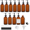 8oz Amber Glass Pump Bottles 12-Pack with Labels & Funnels