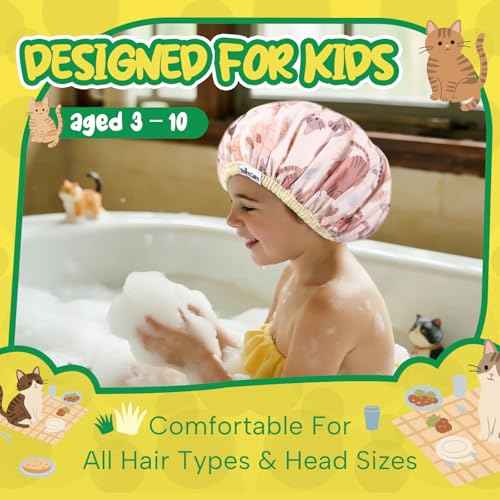 Years calm Kids Shower Cap, Waterproof Reusable Cartoon Bath Cap with Double Layers & Soft Elastic Band, Washable shower cap for kids, Great for Daily Bath