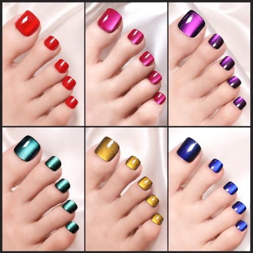 FANDAMEI Cat Eye Press-On Toenails Kit - 6 Bright Colors, Short Square Fake Nails for Women
