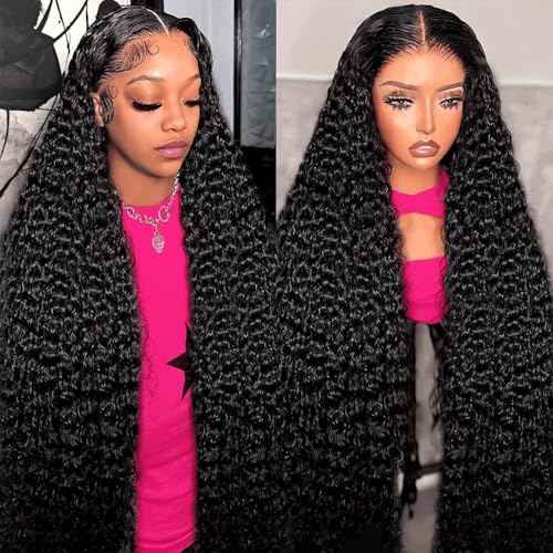 34 Inch 13x6 Deep Wave Lace Front Wigs Human Hair 10A 180% Density,HD Lace Frontal Wet and Wavy Curly Human Hair Wig for Black Women Pre Plucked with Baby Hair Natural Black