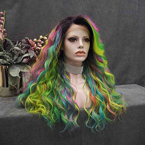 IMSTYLE Multicolor Lace Front Wigs Rainbow Green Wigs Loose Curl Dark Root Colorful Synthetic Hair Wig Heat Resistant with Natural Hairline 22 Inch