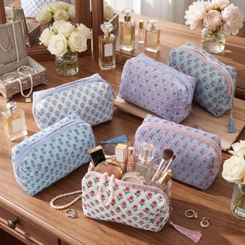 Kacctyen Floral Quilted Makeup Bag Set - 6 Pcs Cotton Travel Pouches
