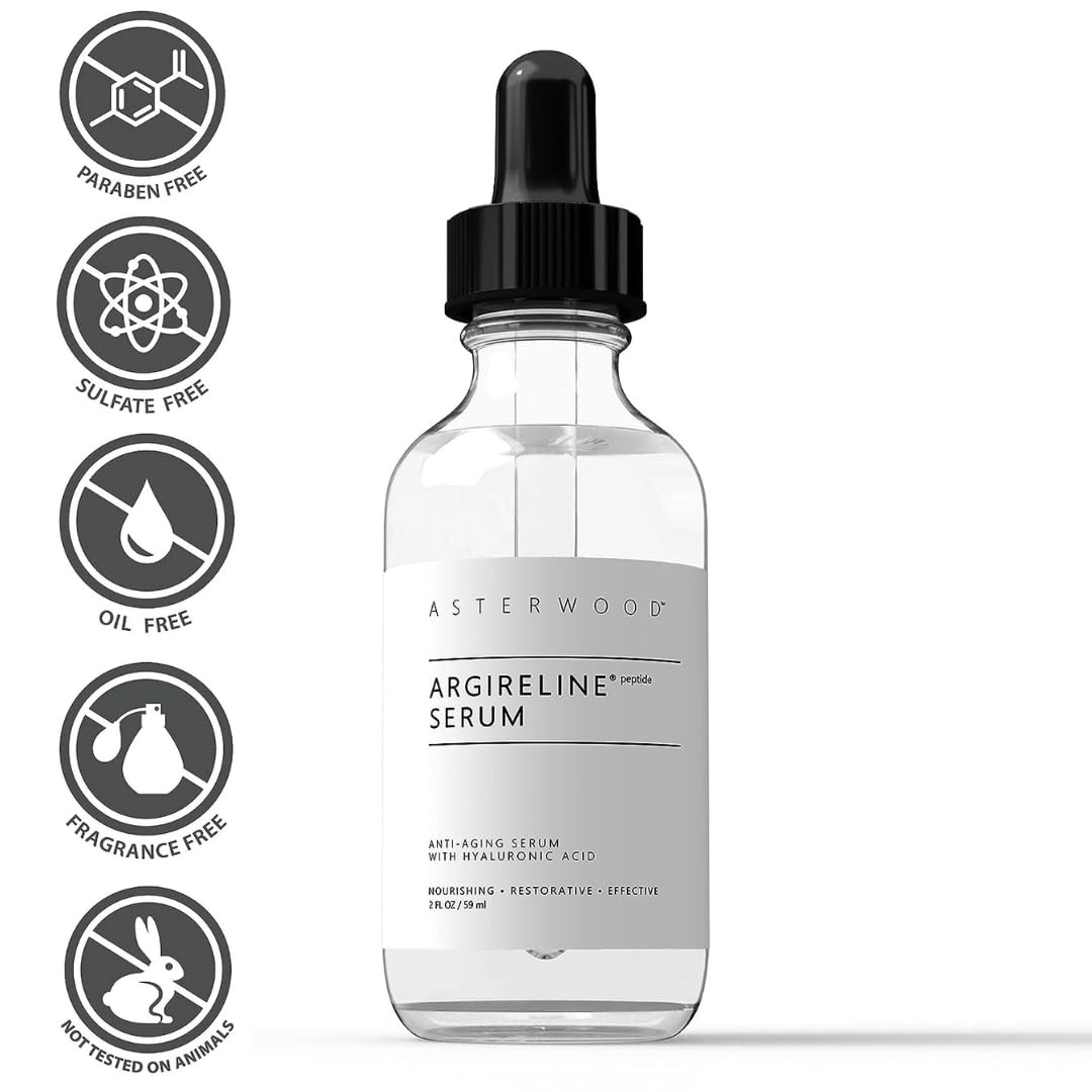 ASTERWOOD Argireline Peptide with Hyaluronic Acid Serum Face Care, Anti Wrinkle Face Serum, Dark Spot Remover & Face Brightening Serum, Facial Skin Care Products, 2 oz Glass Bottle