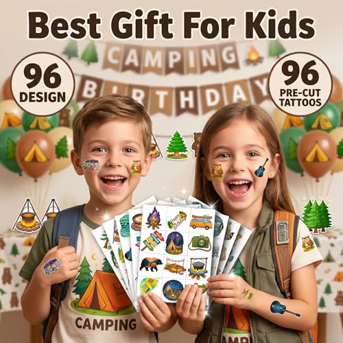 96 Camping Temporary Tattoos for Kids - 8 Sheets