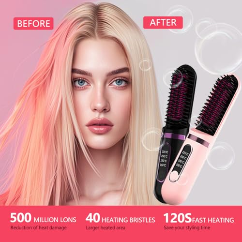 Cordless Hair Straightener Brush, Portable Mini Ionic Hot Comb, USB Rechargeable