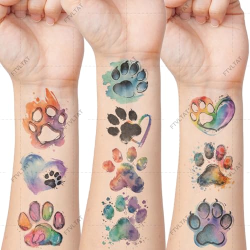 Watercolor Animal Paw Print Temporary Tattoos - 10 Sheets, 50+ Designs
