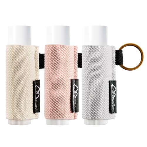 WK IEASON - Lip Balm Holder Keychain Clip On Lipstick/Chapstick Sleeve, Tight-Knit and Elastic (Pink/Light beige/Grey)