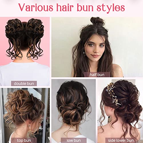 HOOJIH 2PCS Messy Bun Hair Piece, Tousled Updo with Tendrils Hair Bun Extensions Wavy Curly Hair Wrap Ponytail Hairpieces Hair Scrunchies for Women HB010 Dasiy - Black