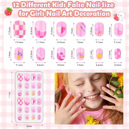 Kids Pink Fake Nails Set with 288 Self-Adhesive Press On Tips for Girls 8-12