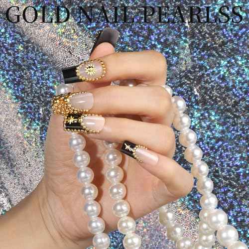 Teenitor Gold Nail Charms with Flatback Nail Pearls, 3D Nail Charms and Gems for Nail Art Design, Gold Pearls for Nails with Heart Star Cross Nail Charms, Nails Supplies Nail Accessories