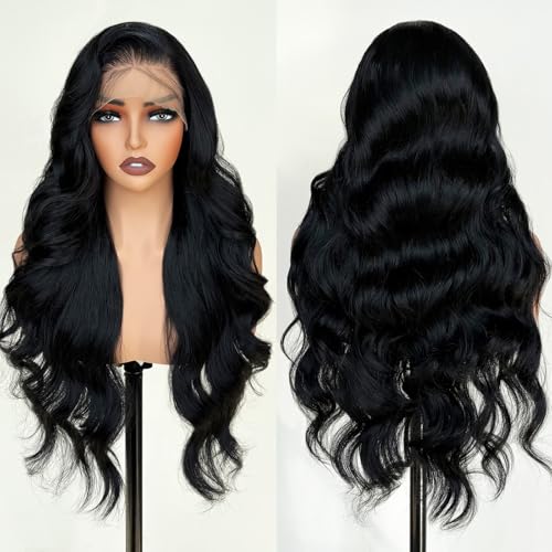 Black Glueless Wigs for White Women 26 Inch Pre Layered Body Wave Synthetic lace front Wigs - Pre Plucked 13¡¿6 HD Lace Front Synthetic Wig Pre Plucked with Tiny Knots Natural Hairline Wear and Go