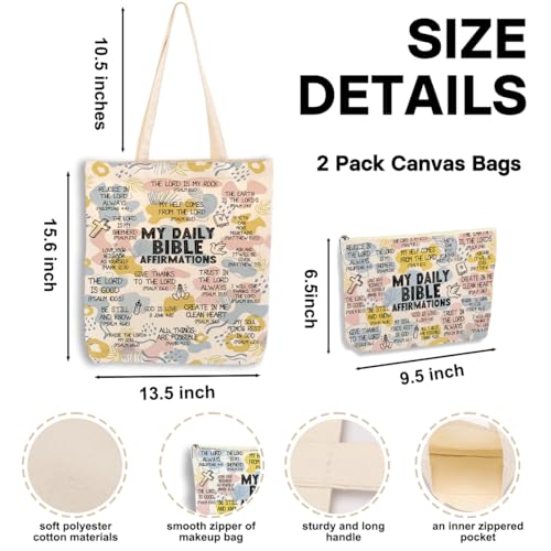 Daily Affirmations for Women Faith Christian Gifts£¬2PCS Cosmetic Bag Canvas Tote Bag Beach Bags with Pocket Makeup Bags£¬Scripture Bible Verse Mental Health Gifts for Female Friend Birthday Christmas