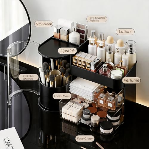 Rotating Makeup Organizer with Drawers - Large Capacity Cosmetic Storage
