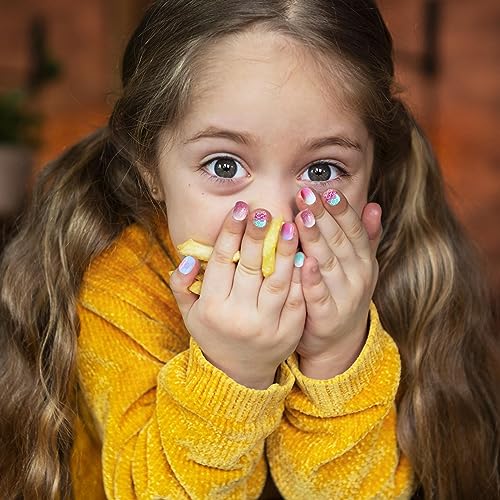 MUACHCHA 120 Pcs 5 Pack Children Acrylic Glitter False Nails Press on Nails Pre-glue Full Cover Fake Nail Tips Stick Cute Cartoon Short Artificial Fingernails for Little Girls Kids Lovely Art