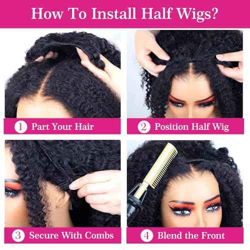 Wear & Go Glueless Wigs Human Hair Afro Kinky Curly Human Hair Half Wigs for Black Women Seamless Kinky Curly Bob Pixie Cut Wig Drawstring Full Head Clip in Half Wig 200% Density 10 Inch