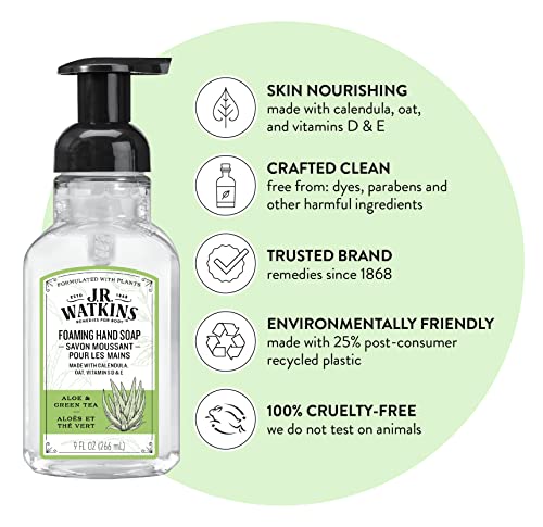 J.R. Watkins Foaming Hand Soap with Pump Dispenser, Moisturizing Foam Hand Wash, All Natural, Alcohol-Free, Cruelty-Free, USA Made, Aloe & Green Tea, 9 fl oz, 3 Pack