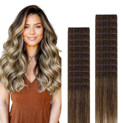 GOO GOO Genius Tape in Hair Extensions, Hand Tied Tape Weft, 4/27/4 Balayage Chocolate Brown to Caramel Blonde, 16inch 50g 20pcs, Remy Human Hair, Seamless Invisible Tape, Natural Blend, Lightweight