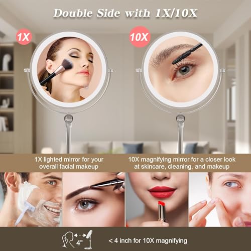 9" Large Lighted Makeup Mirror with 1X/10X Magnification, 4000mAh Rechargeable Vanity Mirror with Height Adjustable & 3 Color Dimmable Lights, 360¡ÆSwivel Double Sided Tabletop Cosmetic Mirror