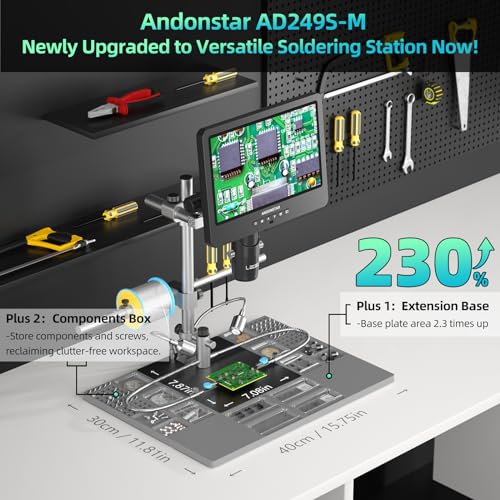 Andonstar AD249S-M Plus 10.1'' HDMI Soldering Digital Microscope for Electronics Repair, 2000x 3 Lens 2160P UHD Video Record, Soldering Microscope Station with Helping Hands, Slides, 32GB Card