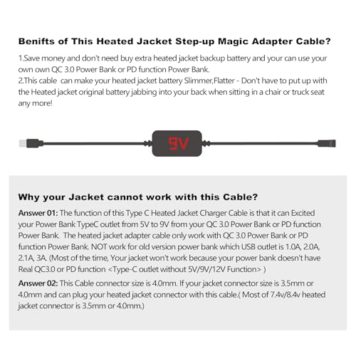 9V Heated Jacket Battery Step-Up Adapter Charger Cable TypeC to DC3.5/4.0mm for 7.4V 8.4V Heated Jackets, Heated Hoodies and Heated Vests (Not for 12V Heated Gear)