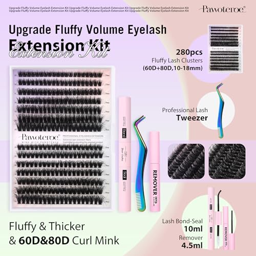 Lash Extension Kit DIY Full Thick Lash Clusters Eyelash Extension Kit 280pcs Individual Lashes Kit with Lash Bond and Seal, Lash Remover, Lash Tweezers for Self Use (Mink 60D&80D, 10-18mm, All Kit)