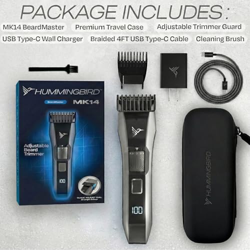 HUMMINGBIRD MK14 BeardMaster ? Premium Beard Trimmer for Men, Precision Dial, Adjustable 20 Length Settings, Stainless Steel T-Blade, Cordless USB-C Rechargeable, Waterproof, LED Display, Travel Case