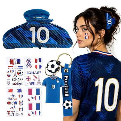 TOCESS France Soccer Tribute Gift Bundle for Women & Girls - Jersey-Shaped Hair Claw, No. 10 Keychain & Flag Tattoos - Navy