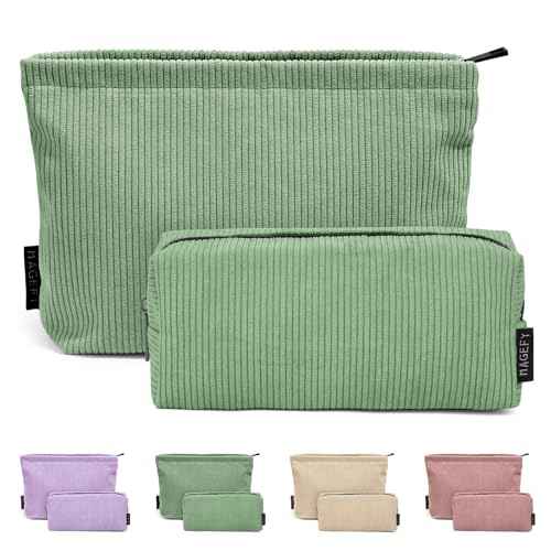 MAGEFY Makeup Bag 2 PCS Corduroy Make up Bag for Purse Travel Cosmetic Bag for Women Small Makeup Pouch Cute Makeup Brush Bag Preppy Stuff Travel Essentials - Green