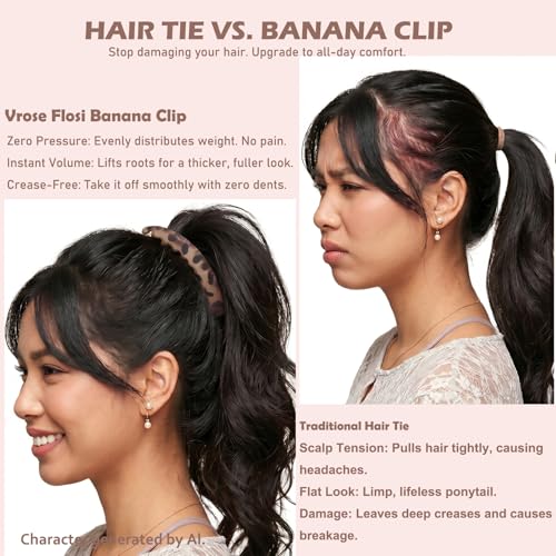 Vrose Flosi Retro Banana Clip for 3-4.5" Ponytails - No Crease, Secure Hold