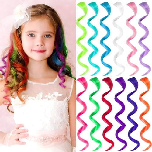 12-Piece Colored Clip-In Hair Extensions, 17" Curly Rainbow Highlights